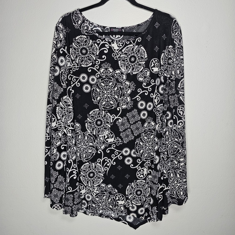 Cocomo Womens 3X Top Black White Floral 3/4 Sleeve Artsy Asymmetrical (No Tag)